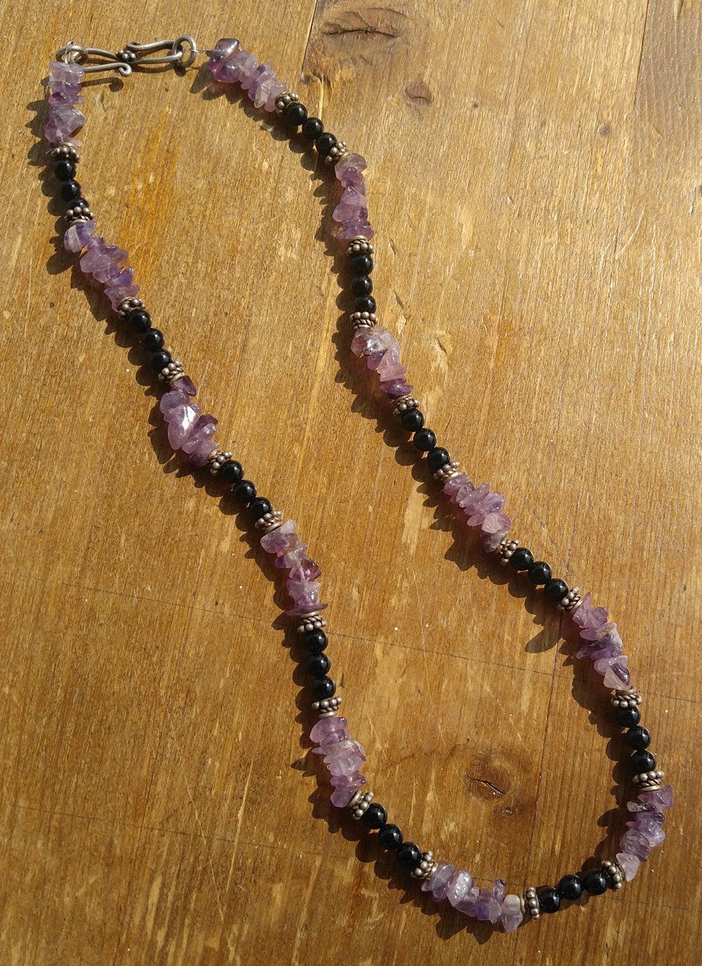 Black Onyx and Amethyst Necklace with Sterling Silver Bali Beads