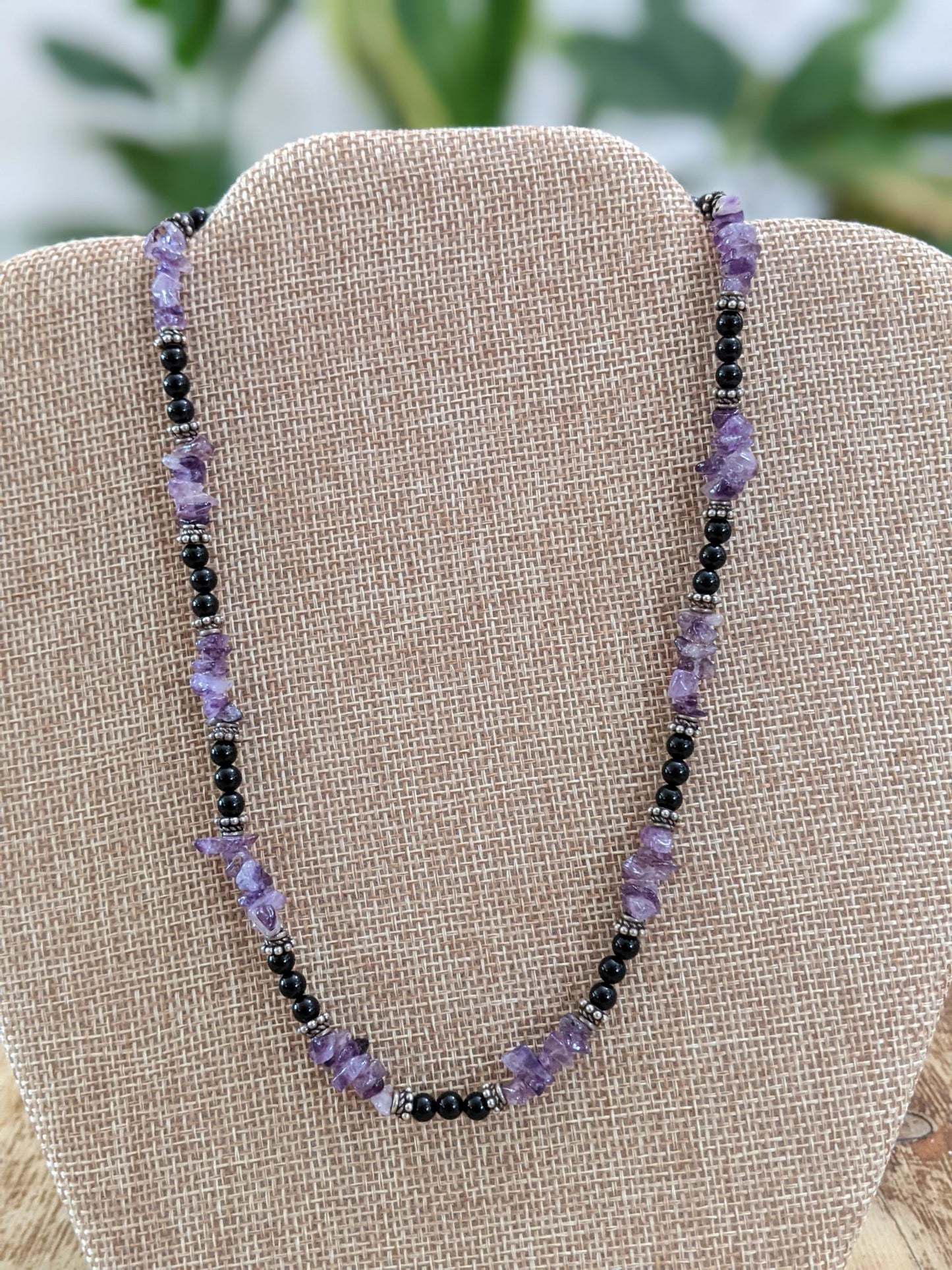 Black Onyx and Amethyst Necklace with Sterling Silver Bali Beads