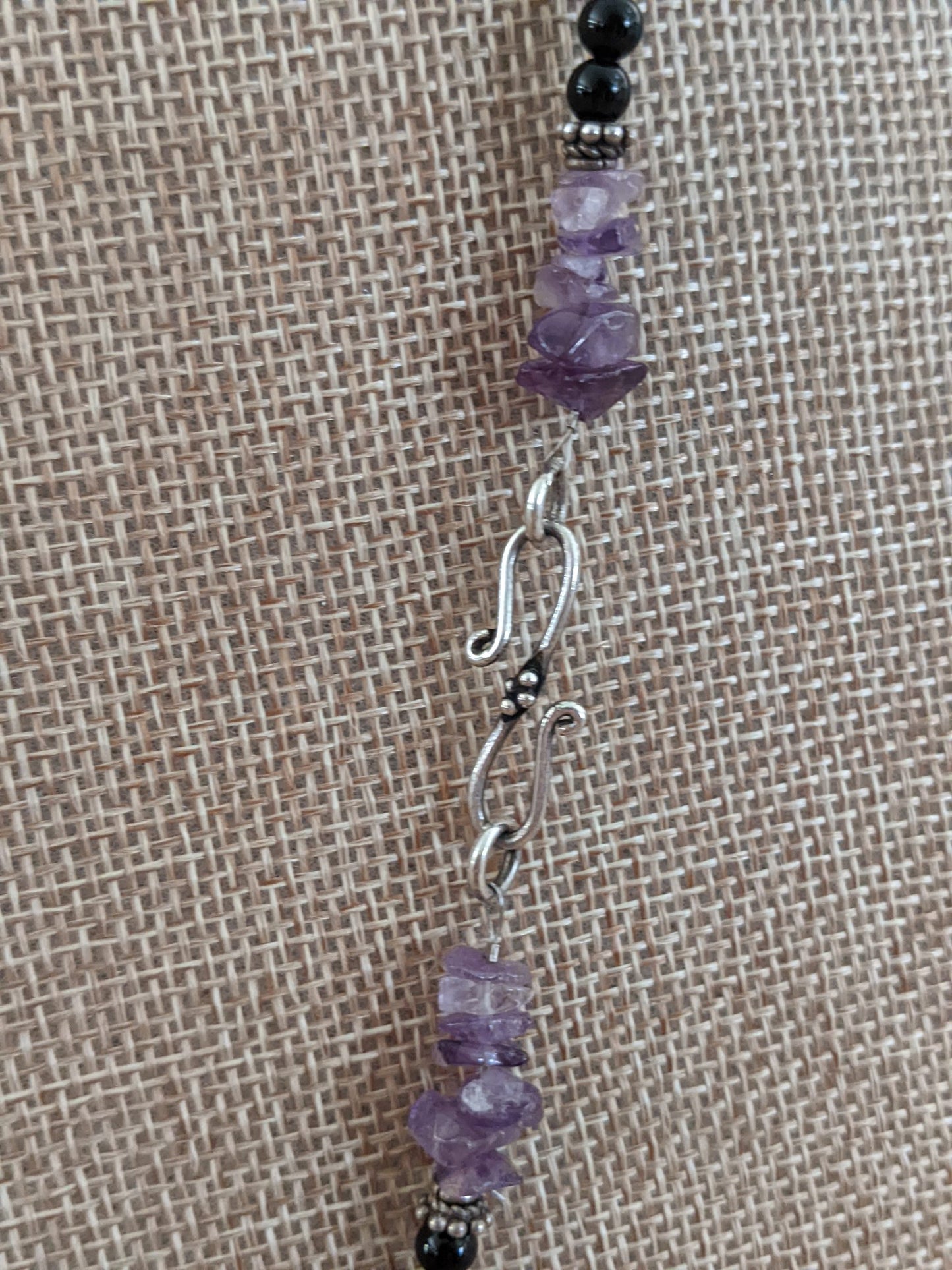 Black Onyx and Amethyst Necklace with Sterling Silver Bali Beads