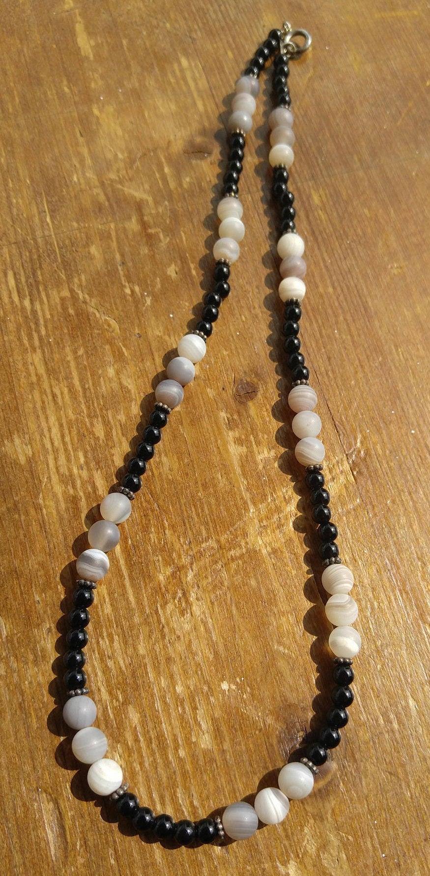 Black Onyx and Botswana Agate Necklace with Sterling Silver Bali Beads