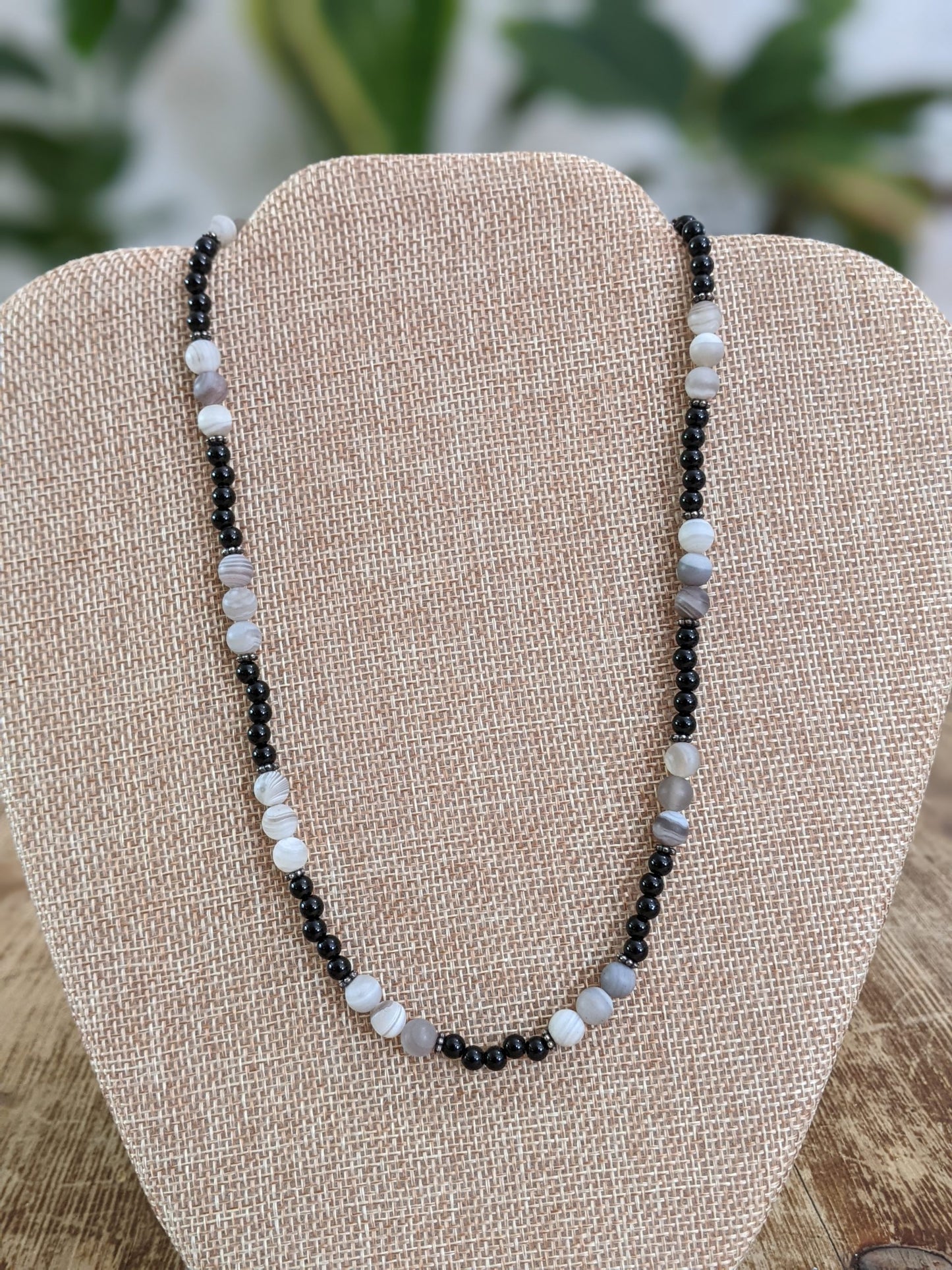 Black Onyx and Botswana Agate Necklace with Sterling Silver Bali Beads
