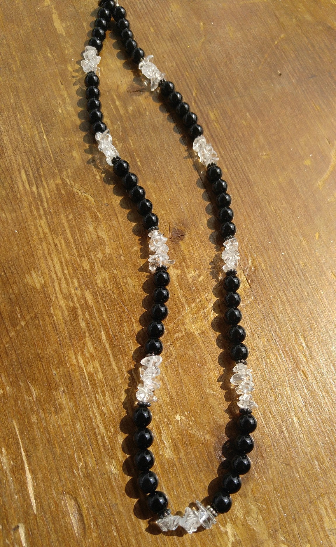Black Onyx and Clear Quartz Necklace with Sterling Silver Bali Beads