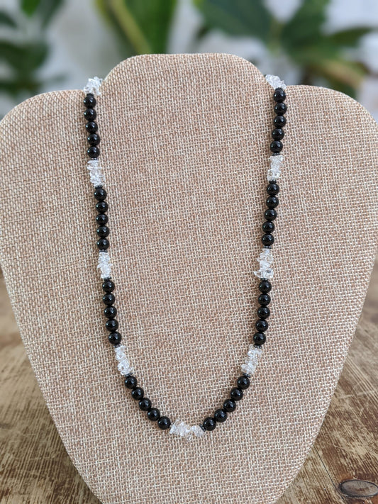 Black Onyx and Clear Quartz Necklace with Sterling Silver Bali Beads