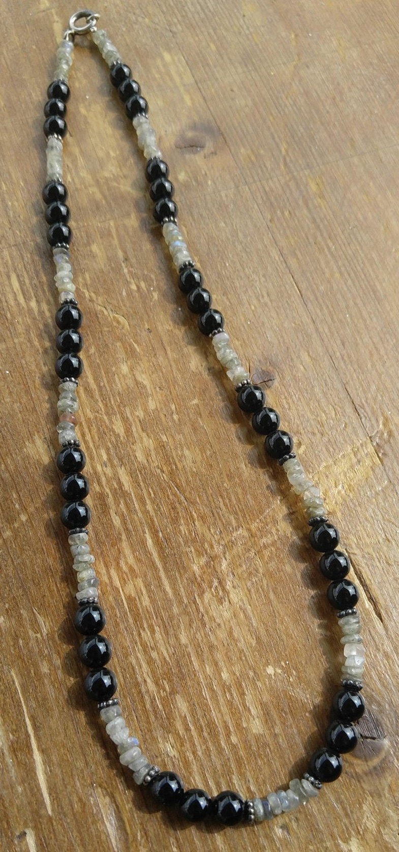 Black Onyx and Labradorite Necklace with Sterling Silver Bali Beads
