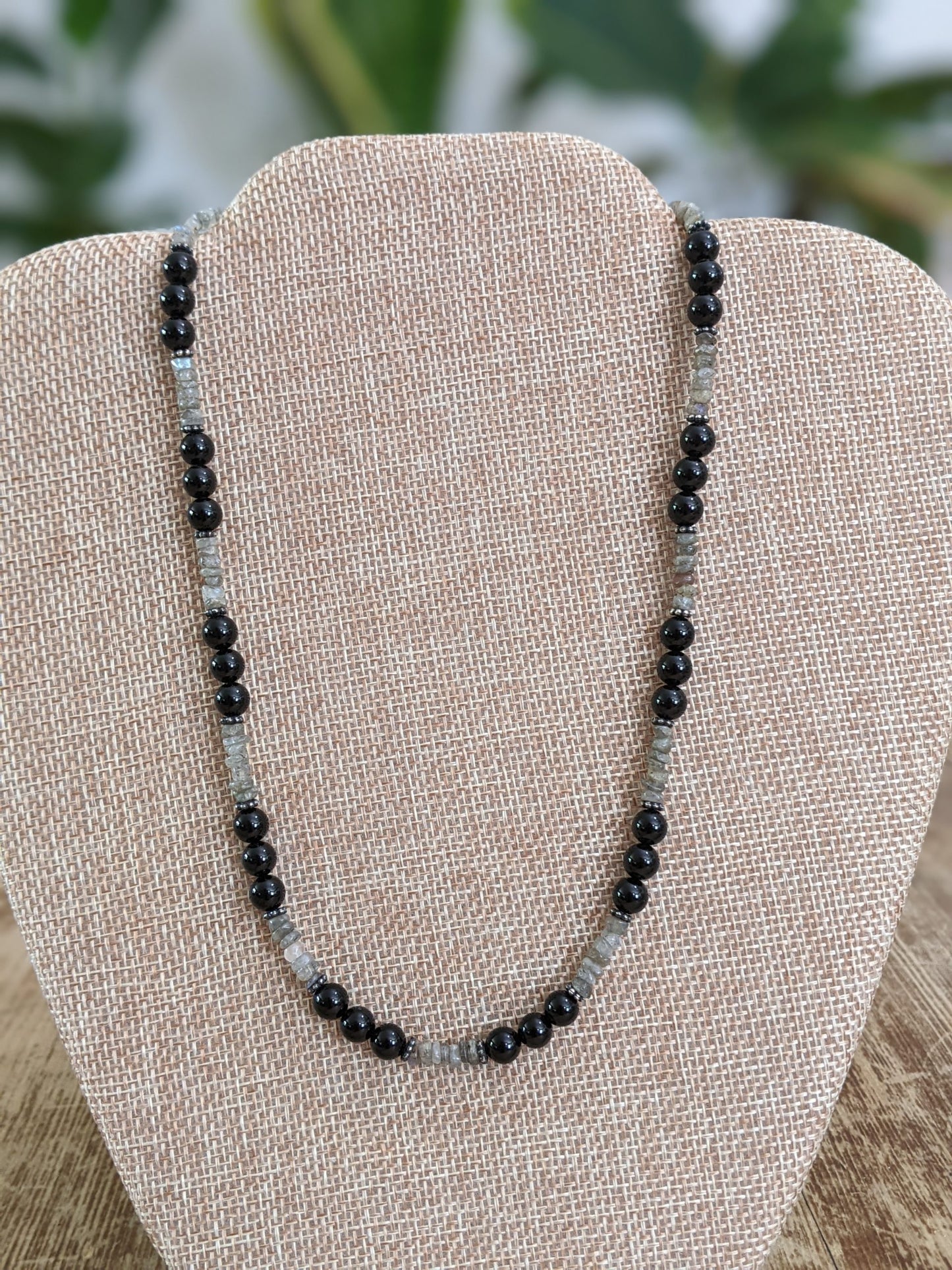 Black Onyx and Labradorite Necklace with Sterling Silver Bali Beads