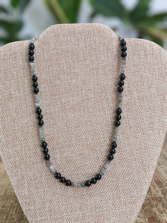 Black Onyx and Labradorite Necklace with Sterling Silver Bali Beads