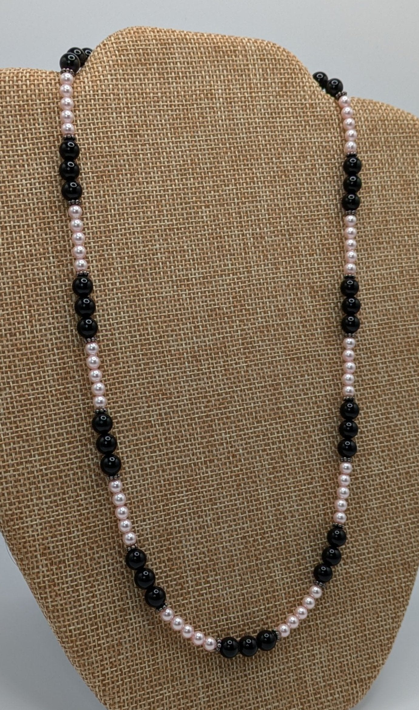 Black Onyx and Pink Swarovski Crystal Pearl Necklace