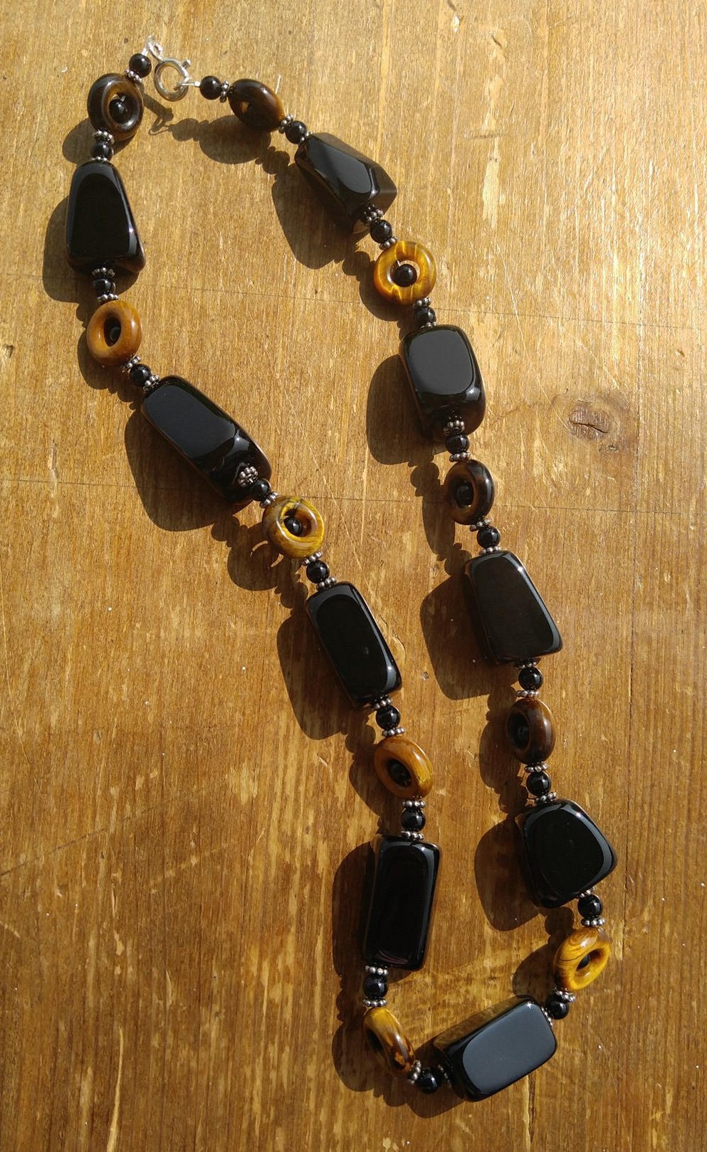 Black Onyx and Tiger's Eye Necklace with Sterling Silver Bali Beads