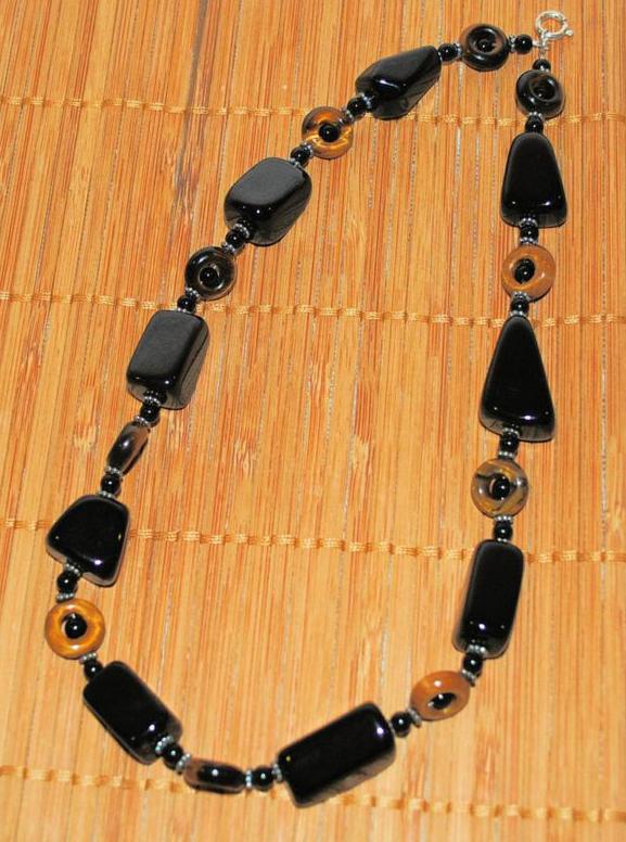 Black Onyx and Tiger's Eye Necklace with Sterling Silver Bali Beads