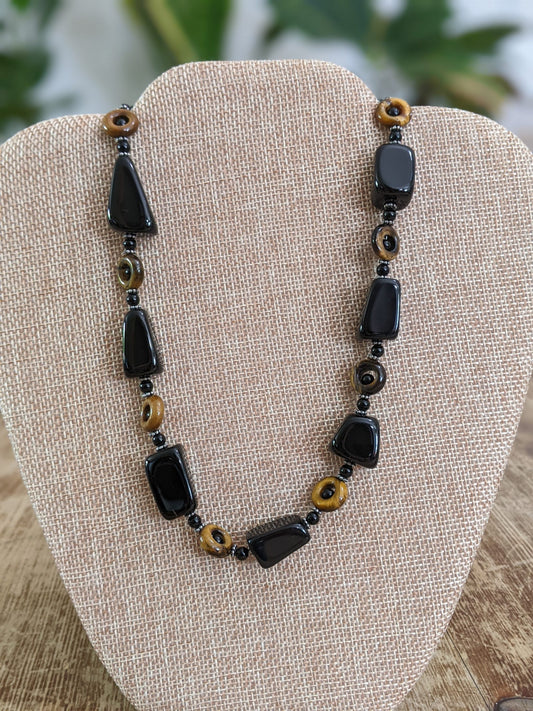 Black Onyx and Tiger's Eye Necklace with Sterling Silver Bali Beads