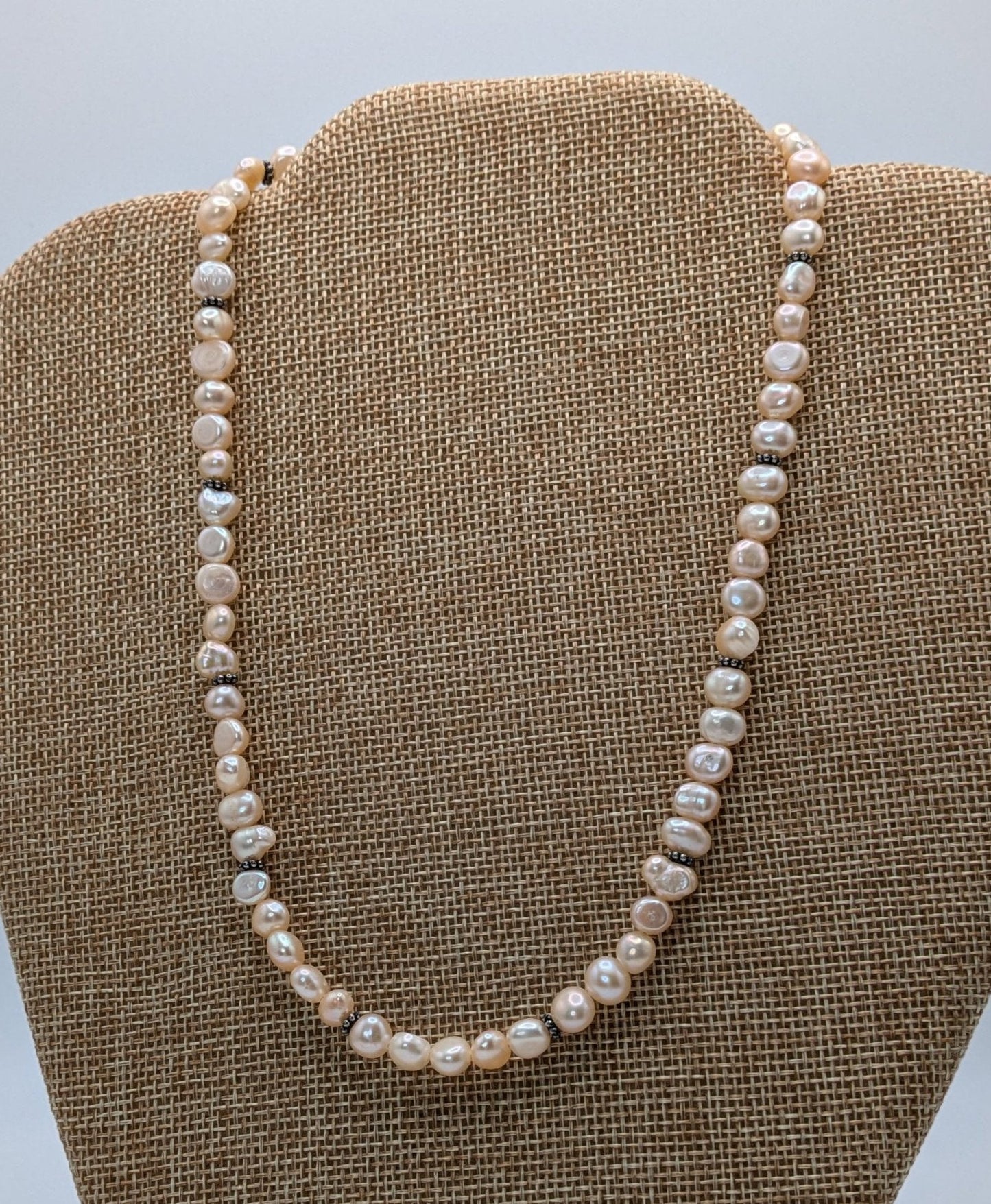 Champagne Freshwater Pearl Necklace with Sterling Silver Bali Beads
