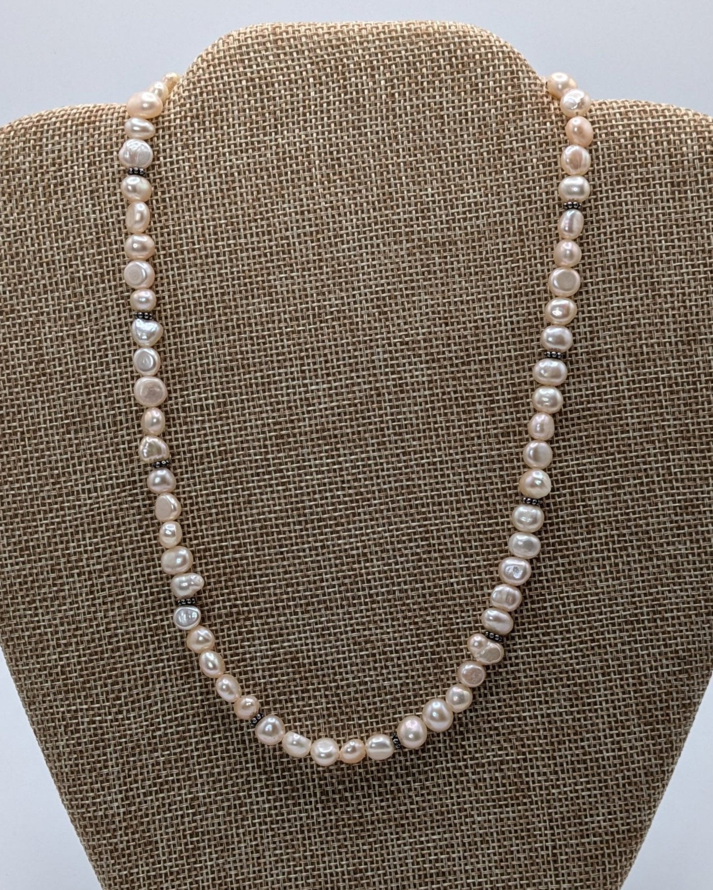 Champagne Freshwater Pearl Necklace with Sterling Silver Bali Beads