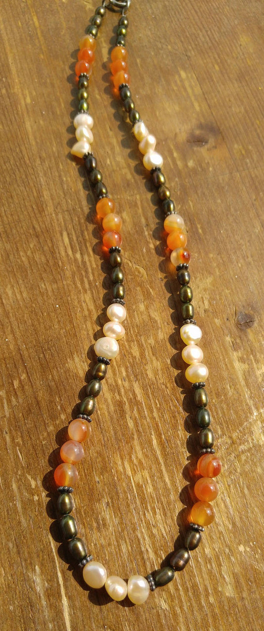 Carnelian and Freshwater Pearl Necklace with Sterling Silver Bali Beads