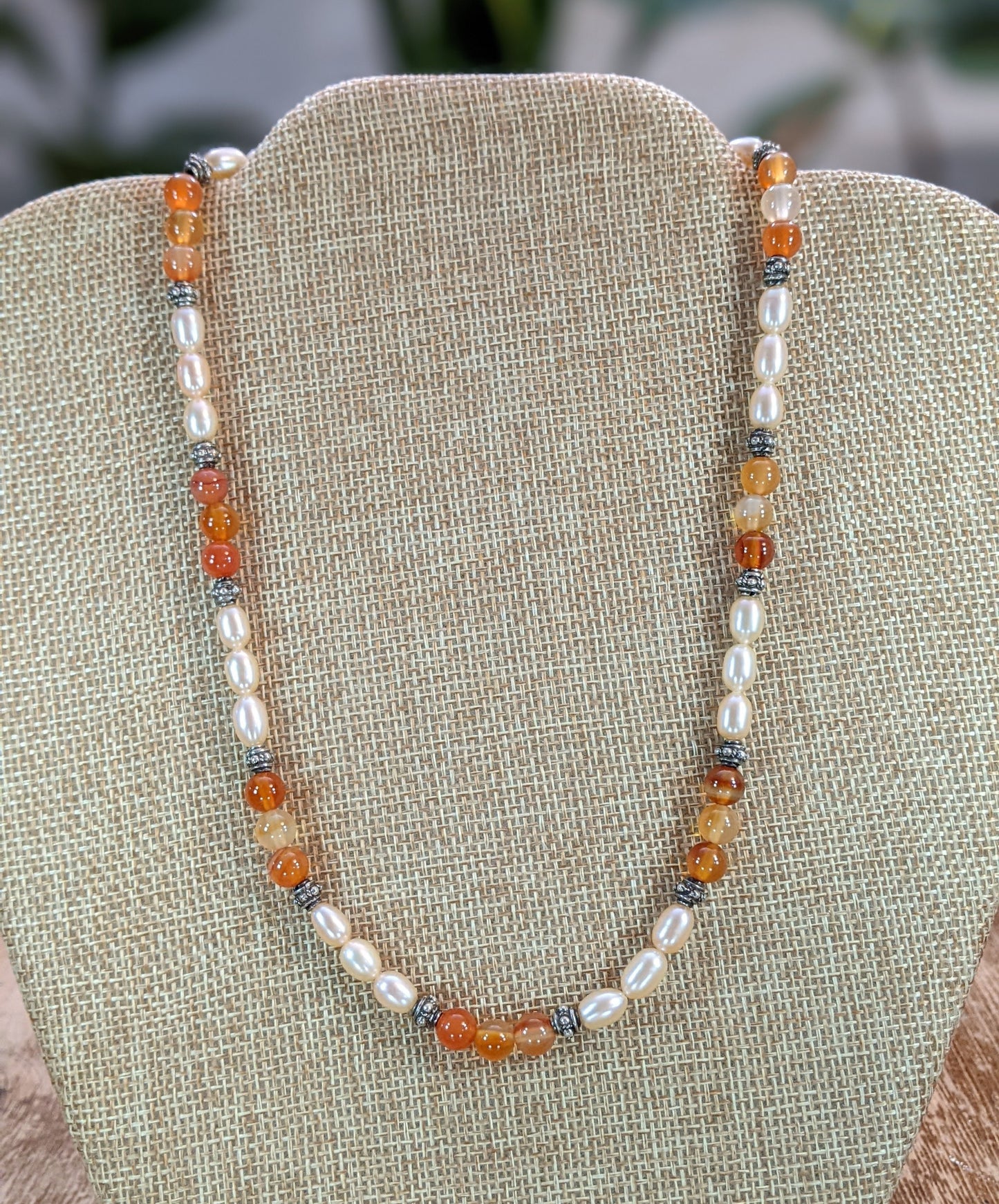 Carnelian and Champagne Freshwater Pearl Necklace with Sterling Silver Bali Beads