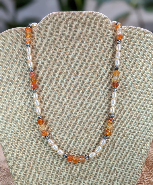 Carnelian and Champagne Freshwater Pearl Necklace with Sterling Silver Bali Beads