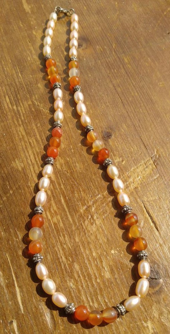Carnelian and Champagne Freshwater Pearl Necklace with Sterling Silver Bali Beads