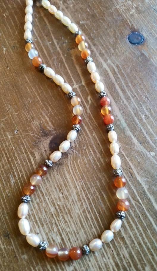 Carnelian and Champagne Freshwater Pearl Necklace with Sterling Silver Bali Beads