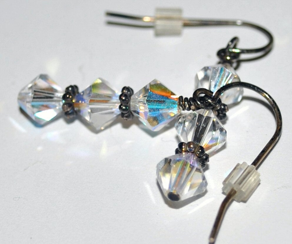 Clear Shimmering Swarovski Crystal Earrings with Sterling Silver Bali Beads