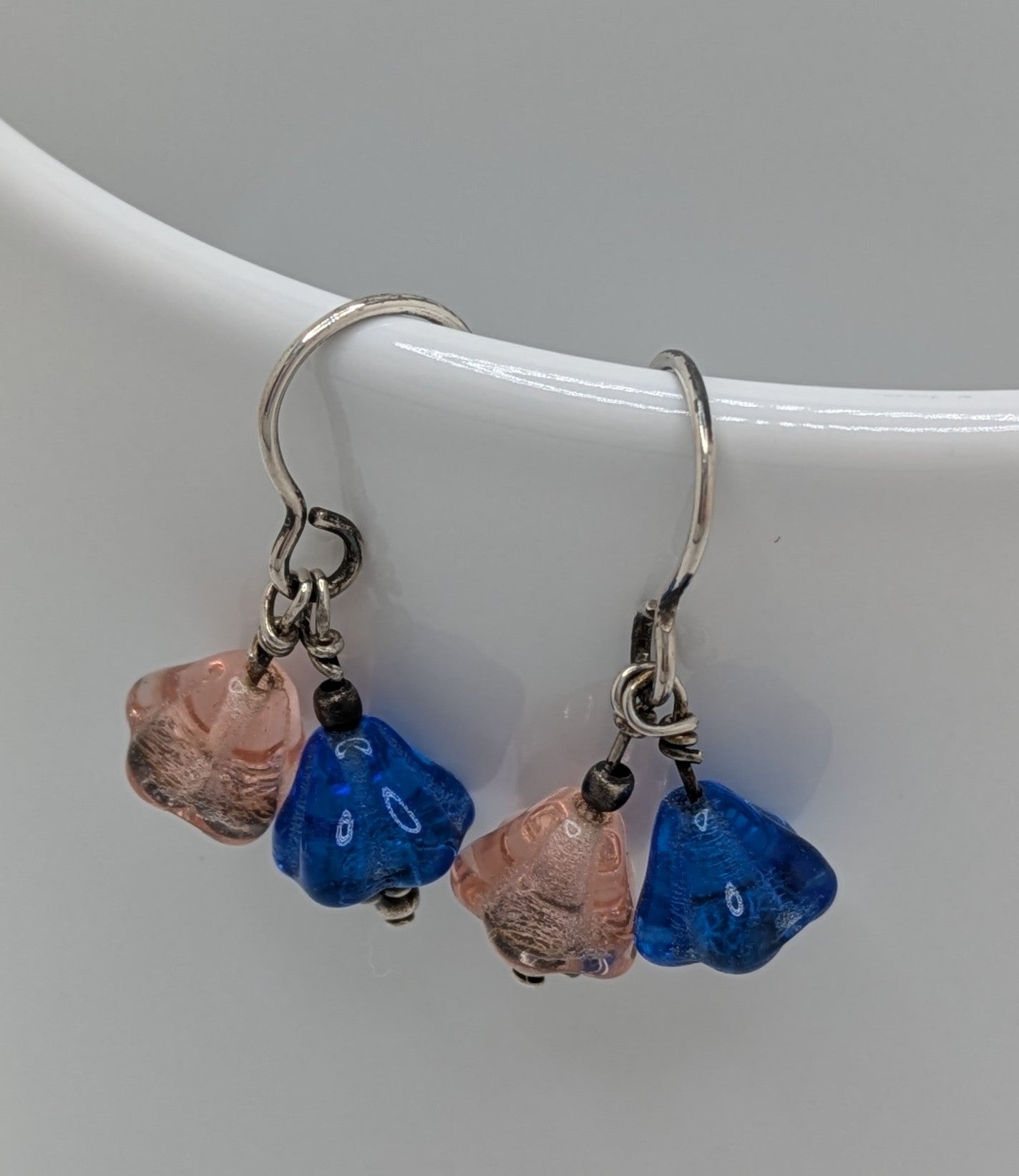 Pink and Blue Flower Earrings with Sterling Silver Bali Beads