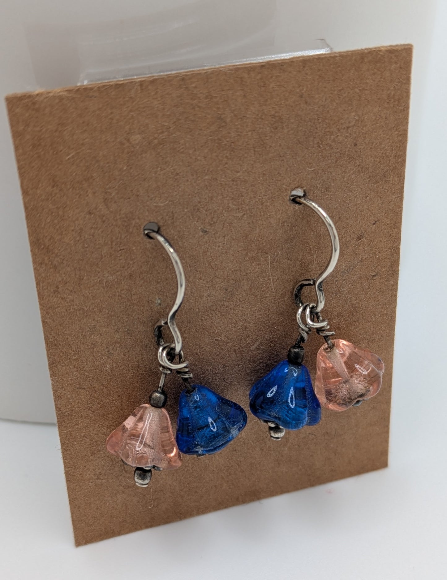 Pink and Blue Flower Earrings with Sterling Silver Bali Beads