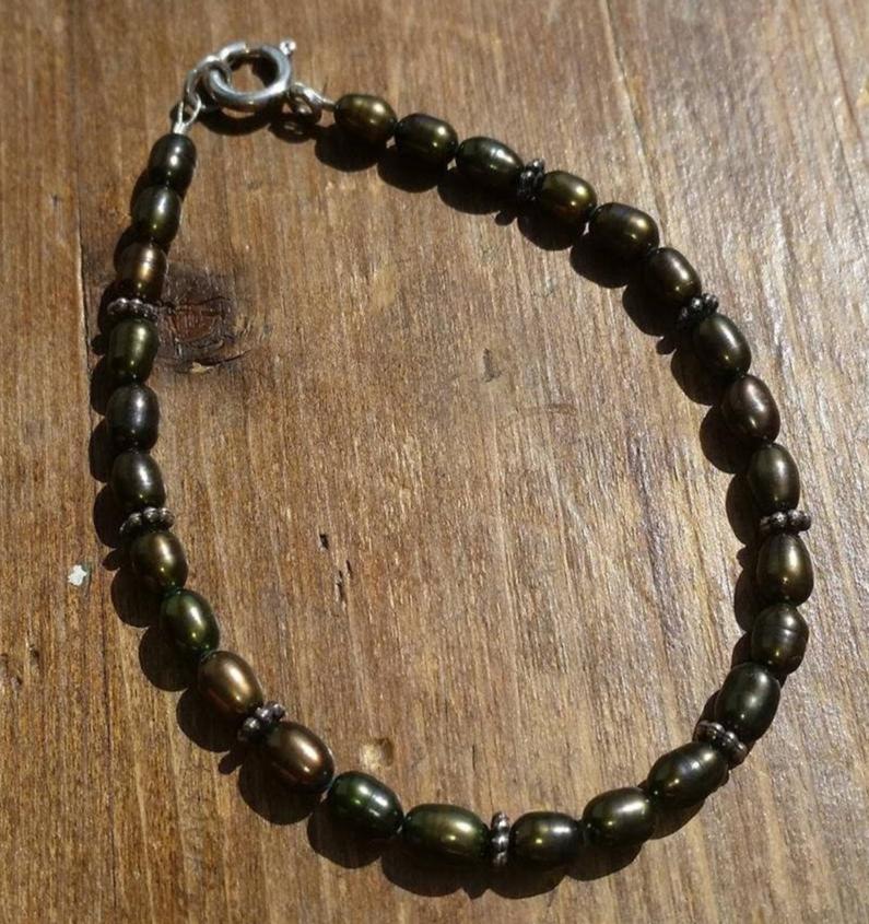 Dark Olive Green Golden Coppery Freshwater Pearl Bracelet with Sterling Silver Bali Beads