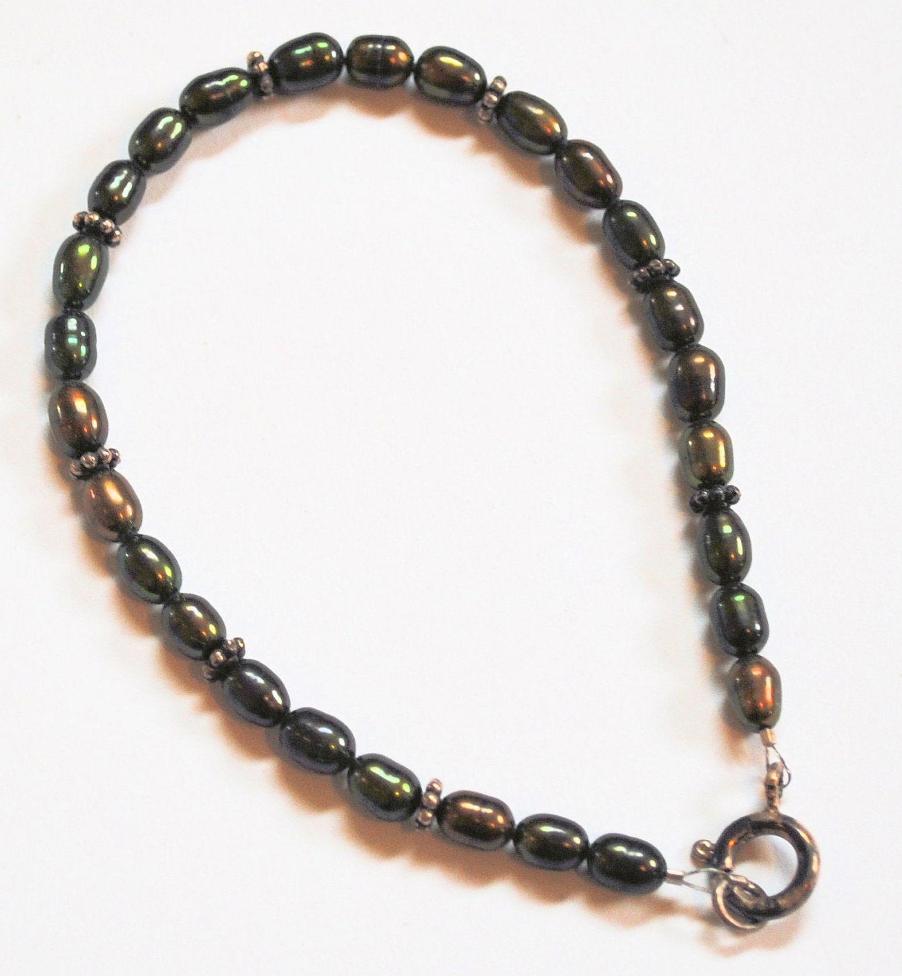 Dark Olive Green Golden Coppery Freshwater Pearl Bracelet with Sterling Silver Bali Beads