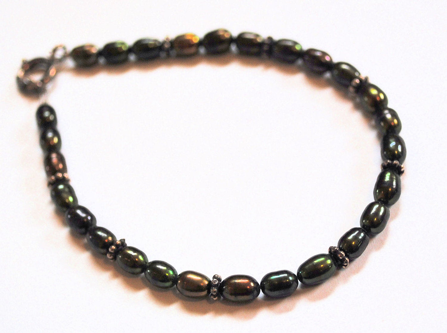 Dark Olive Green Golden Coppery Freshwater Pearl Bracelet with Sterling Silver Bali Beads