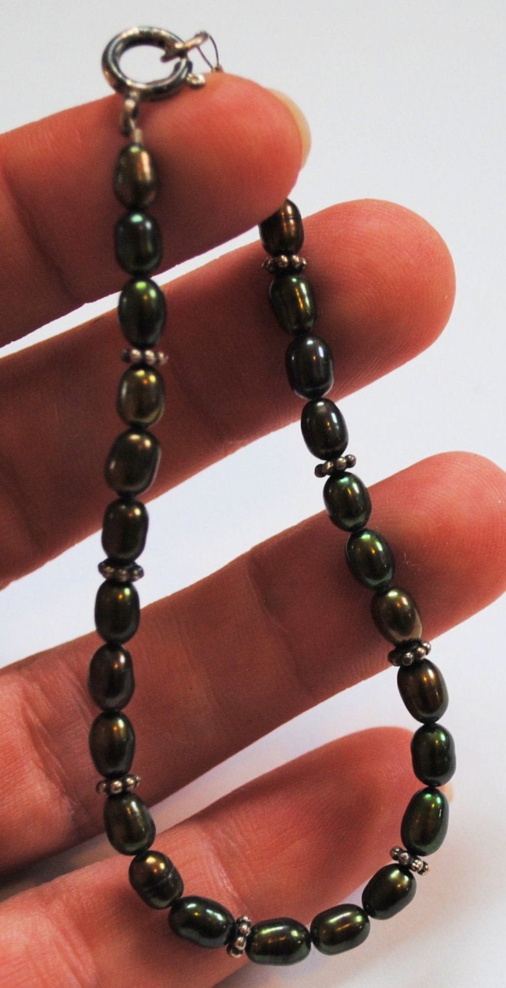 Dark Olive Green Golden Coppery Freshwater Pearl Bracelet with Sterling Silver Bali Beads