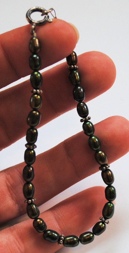 Dark Olive Green Golden Coppery Freshwater Pearl Bracelet with Sterling Silver Bali Beads