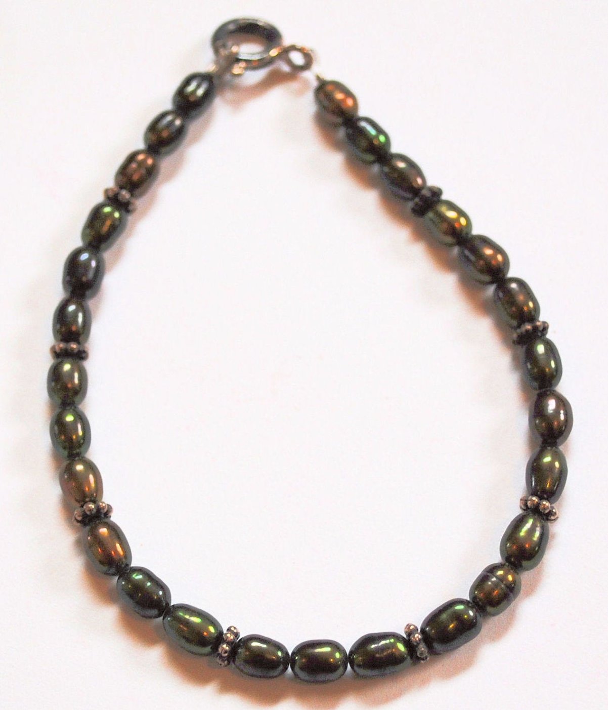 Dark Olive Green Golden Coppery Freshwater Pearl Bracelet with Sterling Silver Bali Beads