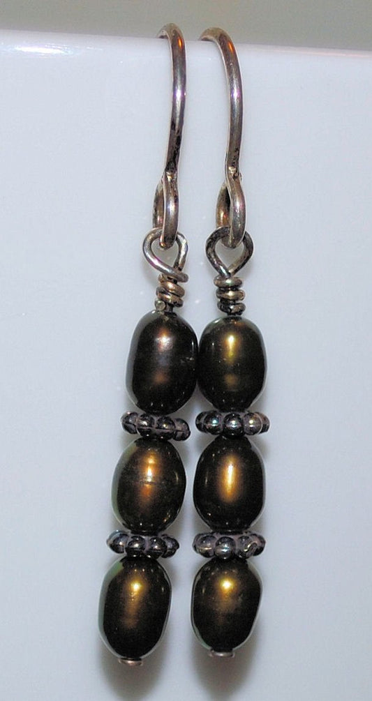 Dark Olive Green Golden Coppery Freshwater Pearl Earrings with Sterling Silver Bali Beads