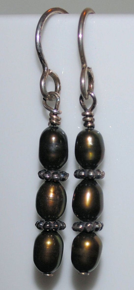 Dark Olive Green Golden Coppery Freshwater Pearl Earrings with Sterling Silver Bali Beads