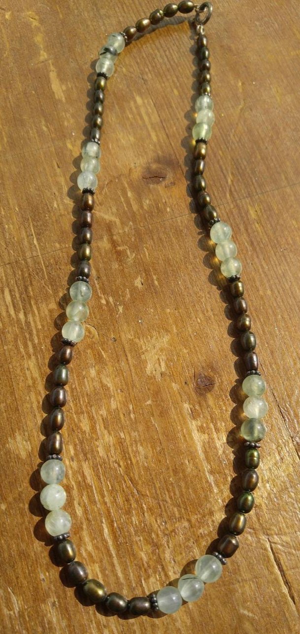 Dark Olive Green Freshwater Pearls with Green Rutilated Quartz Necklace & Sterling Silver Bali Beads