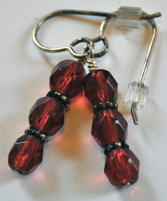 Dark Pink Czech Glass Earrings with Sterling Silver Bali Beads