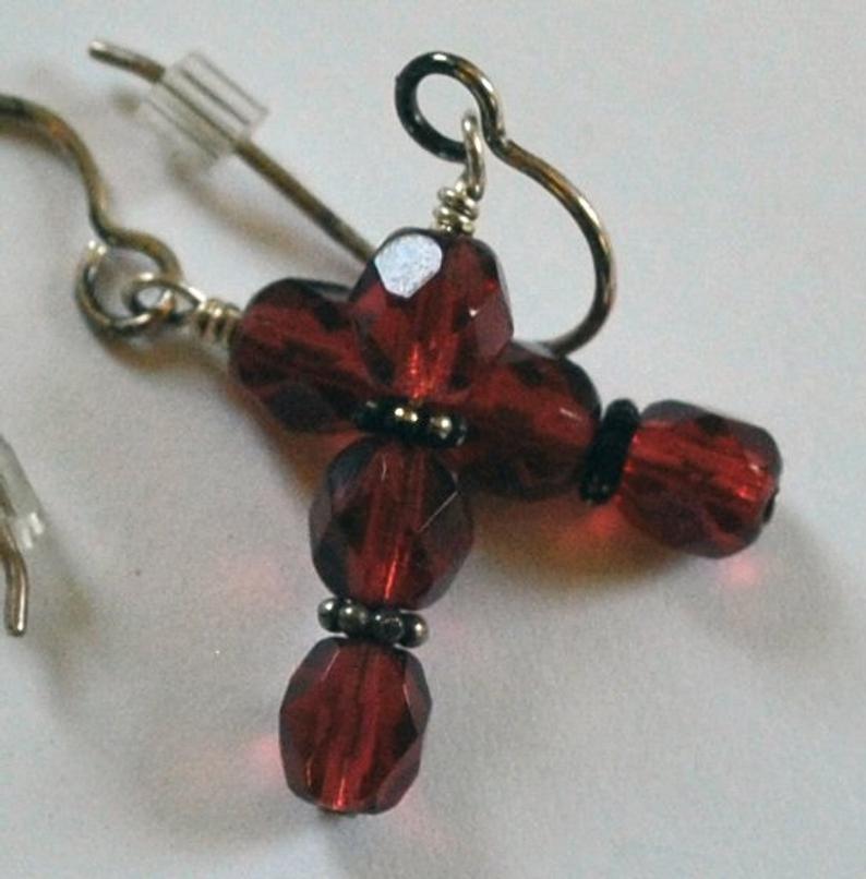 Dark Pink Czech Glass Earrings with Sterling Silver Bali Beads