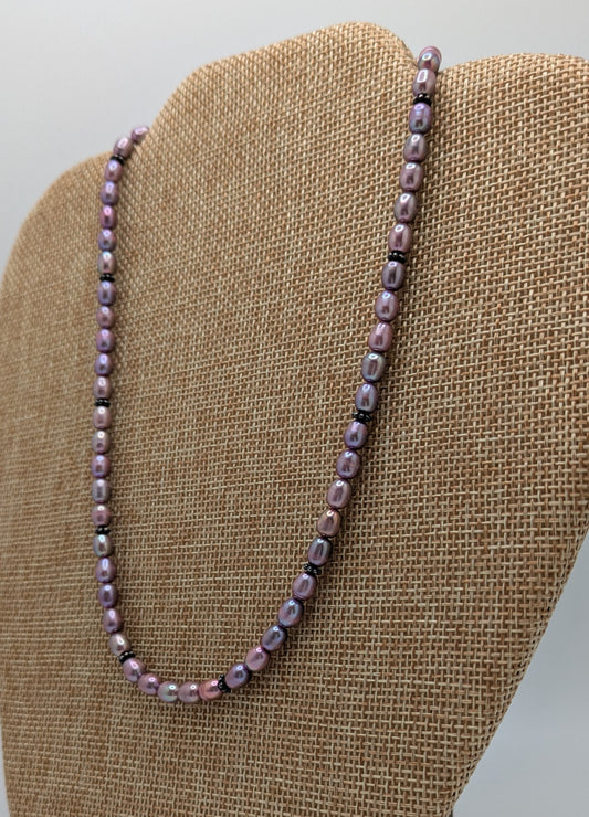 Dusty Pink Freshwater Pearl Necklace with Sterling Silver Bali Beads