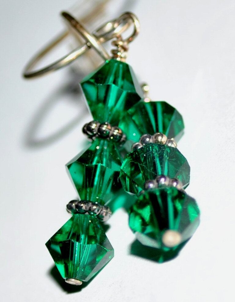 Emerald Green Swarovski Earrings with Sterling Silver Bali Beads