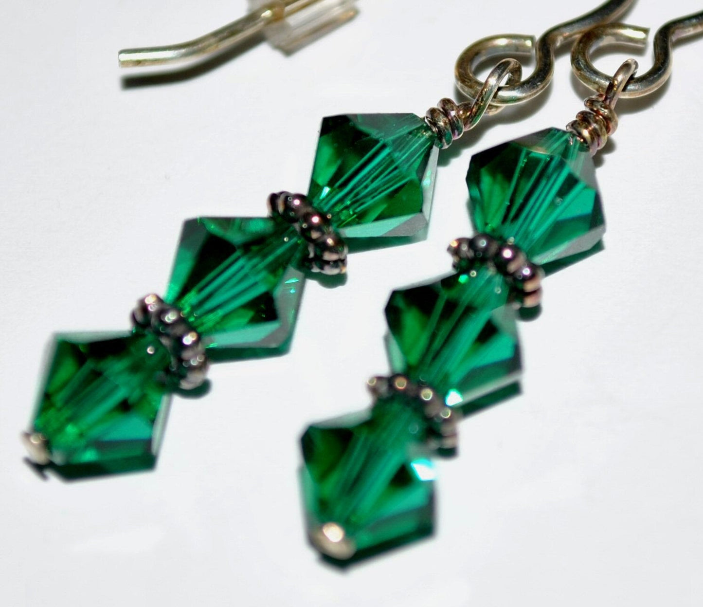 Emerald Green Swarovski Earrings with Sterling Silver Bali Beads