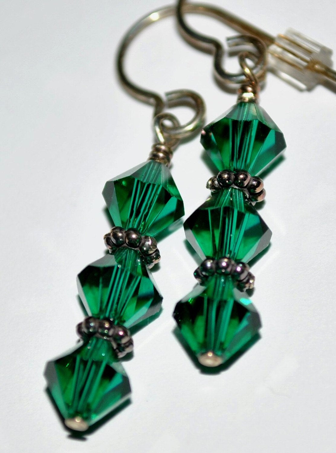 Emerald Green Swarovski Earrings with Sterling Silver Bali Beads