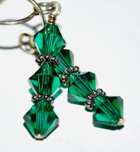 Emerald Green Swarovski Earrings with Sterling Silver Bali Beads