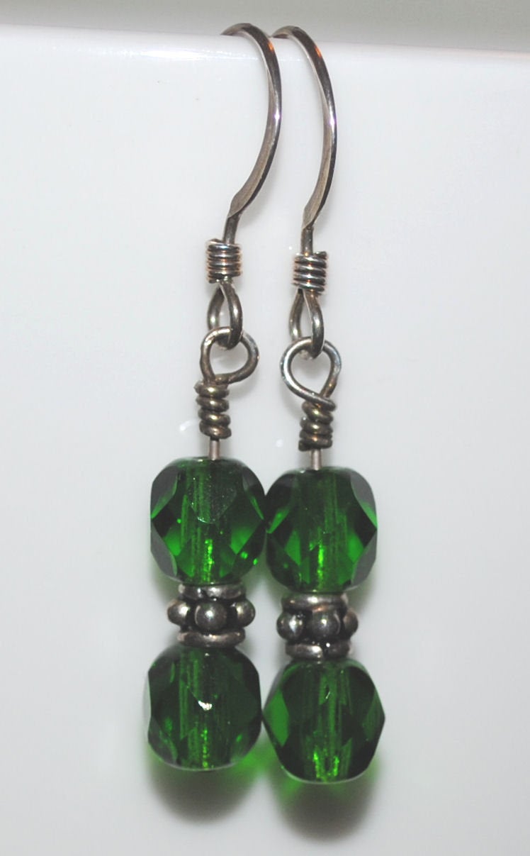 Emerald Green Czech Glass Dangle Earrings with Sterling Silver Bali Beads
