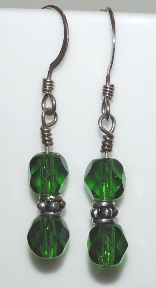 Emerald Green Czech Glass Dangle Earrings with Sterling Silver Bali Beads