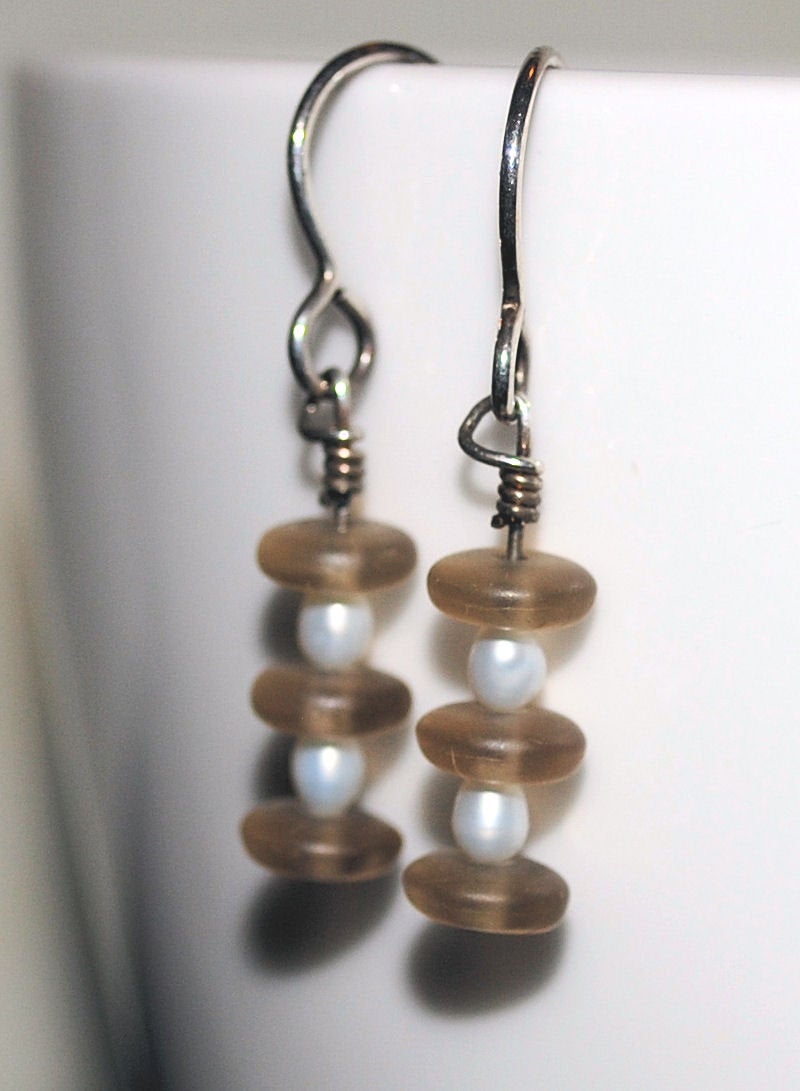 White Freshwater Pearl and Beige Frosted Czech Glass Dangle Earrings