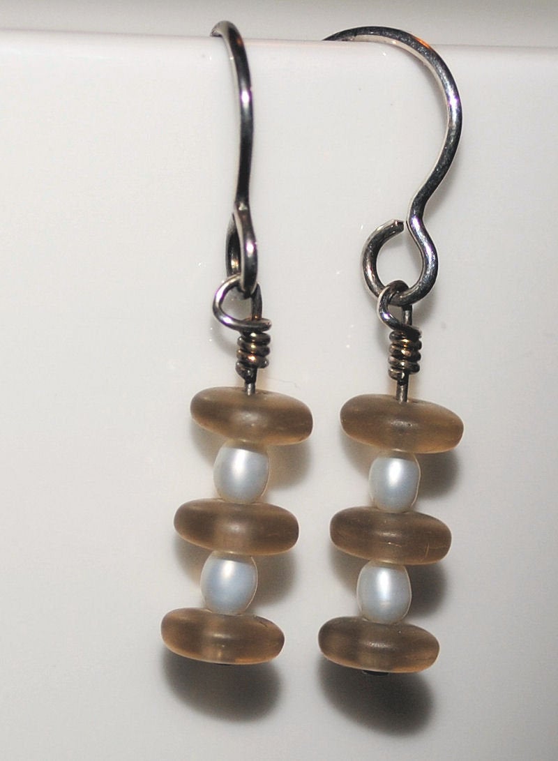 White Freshwater Pearl and Beige Frosted Czech Glass Dangle Earrings