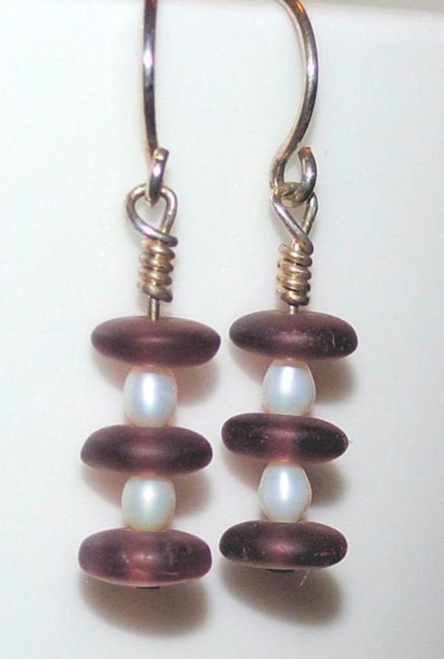 White Freshwater Pearl and Dark Purple Frosted Czech Glass Dangle Earrings