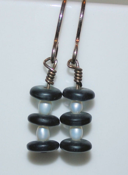 White Freshwater Pearl and Smoky Gray Czech Glass Dangle Earrings