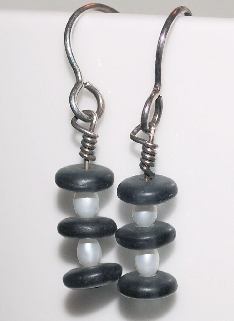 White Freshwater Pearl and Smoky Gray Czech Glass Dangle Earrings