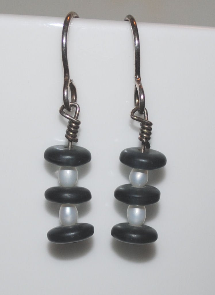 White Freshwater Pearl and Smoky Gray Czech Glass Dangle Earrings