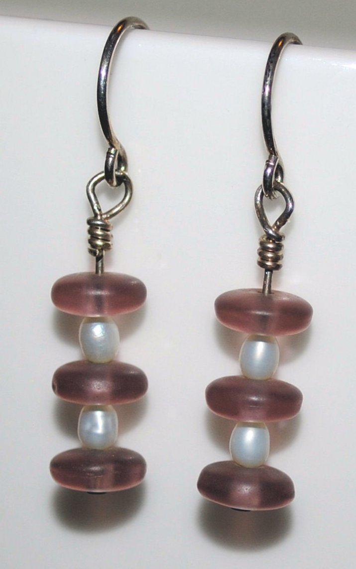 White Freshwater Pearl and Pale Purple Frosted Czech Glass Dangle Earrings