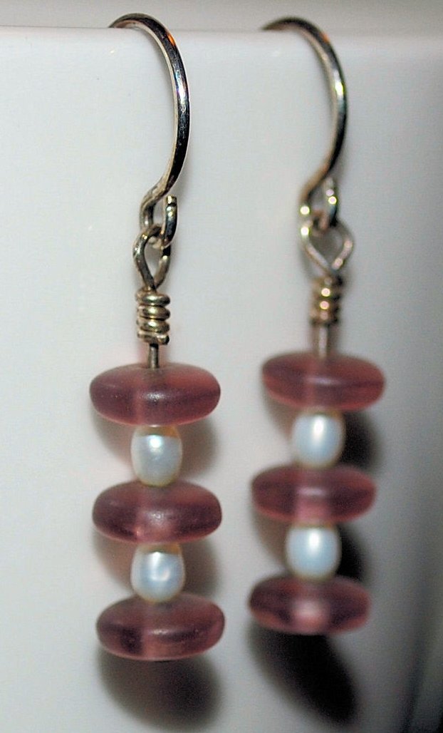 White Freshwater Pearl and Pale Purple Frosted Czech Glass Dangle Earrings